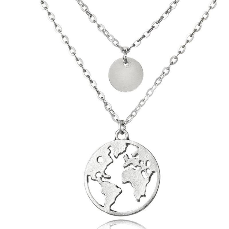 World Map Necklace Gold Travel Pendant Layered Choker