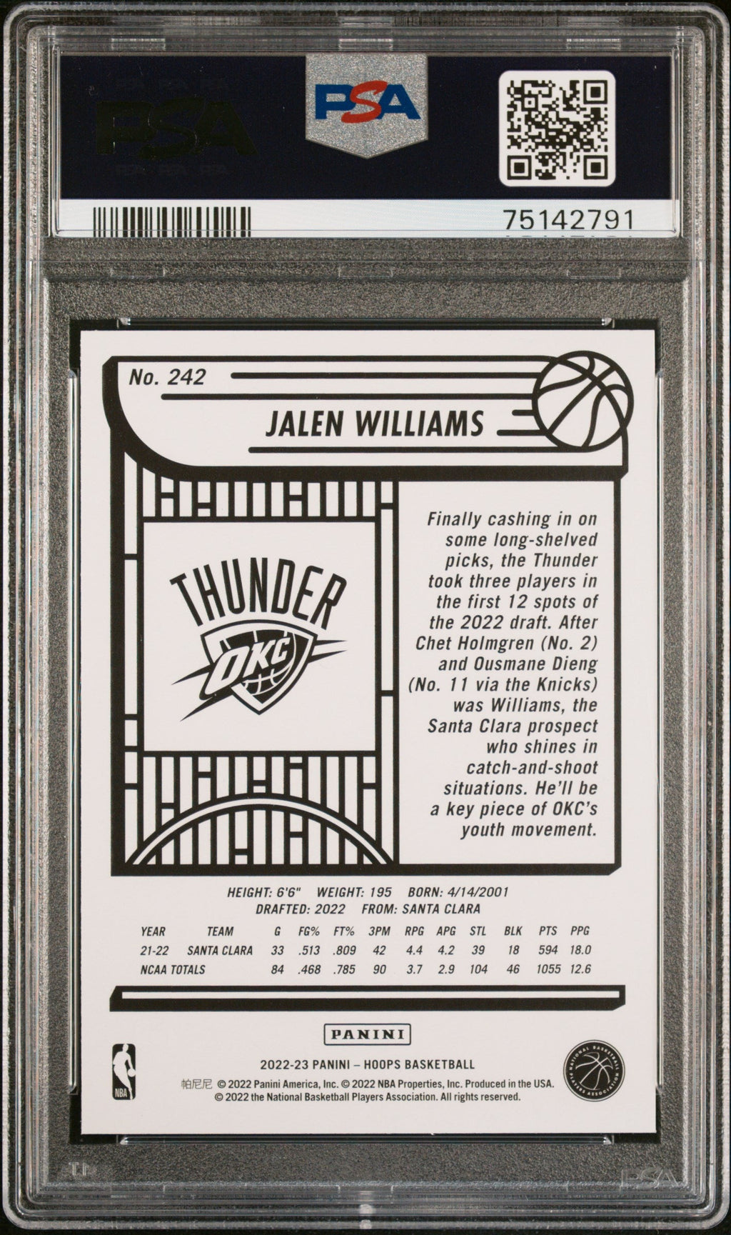 Graded 2022 Panini NBA Hoops Jalen Williams #242 Rookie RC Basketball Card PSA 10 Gem Mint