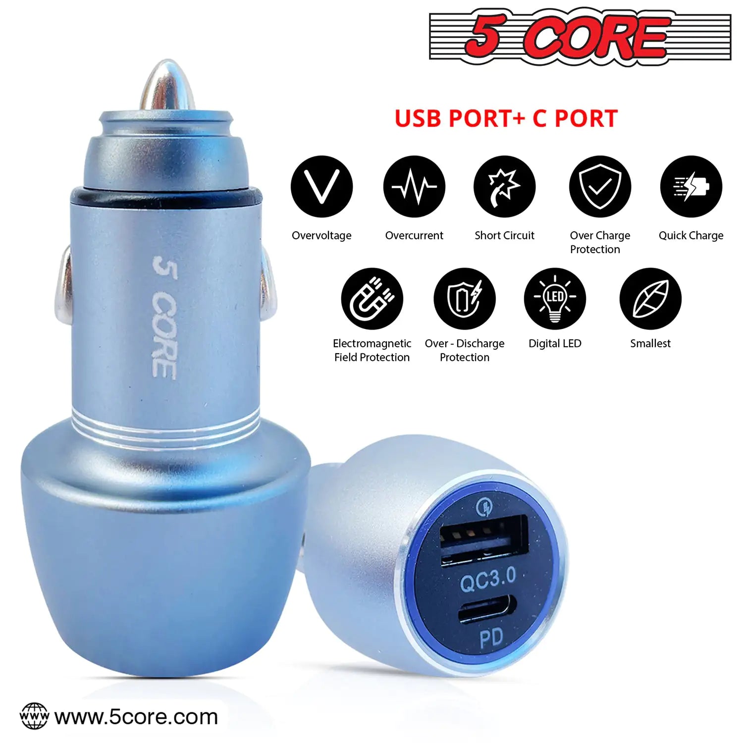 5Core USB Car Charger 36W Type C Cigarette Lighter Adapter Outlet Fast Charging
