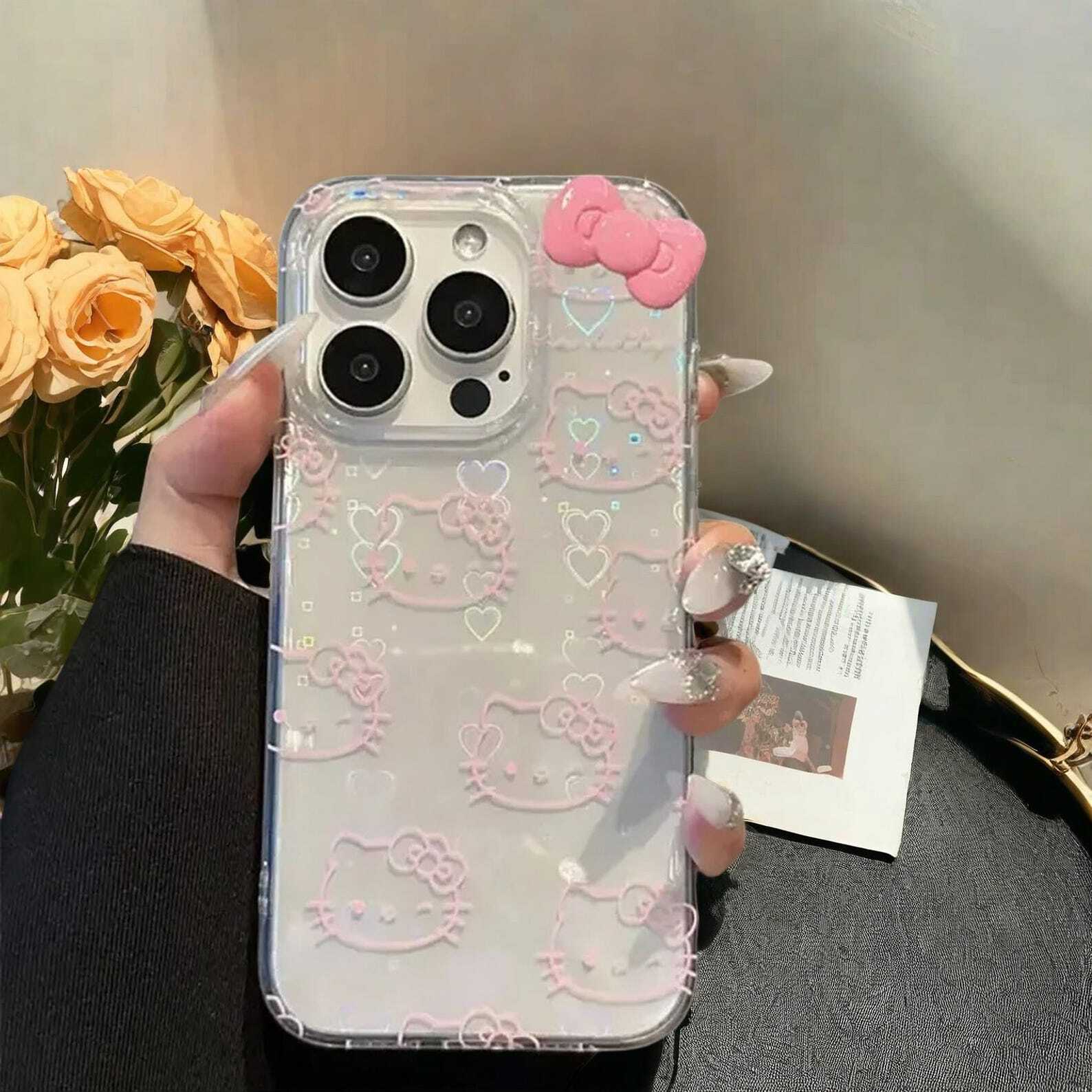 Cute Kitty Bow Kawaii Holder Case for iPhone 16 15 14 13 12 11 Pro Max Plus - Cute Bow Laser Protective Cover with Handy Grip Holder