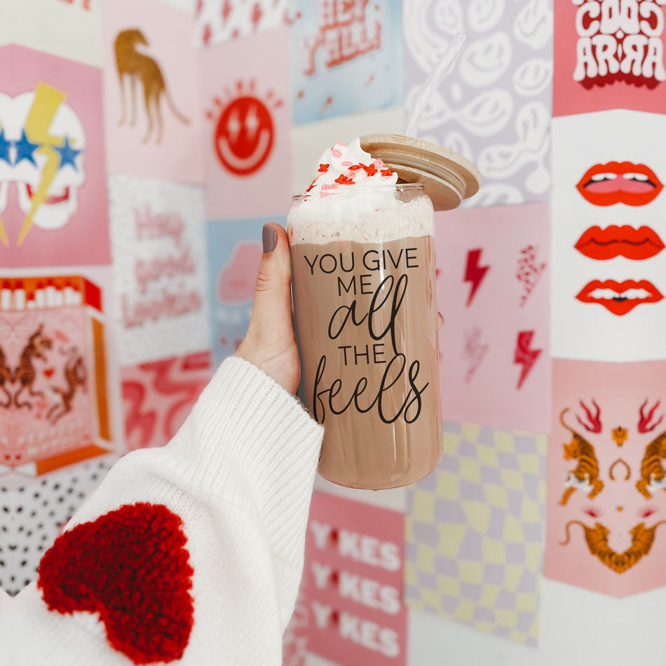 You Give Me All The Feels 20oz Glass Cup With Bamboo Lid Cute Gift