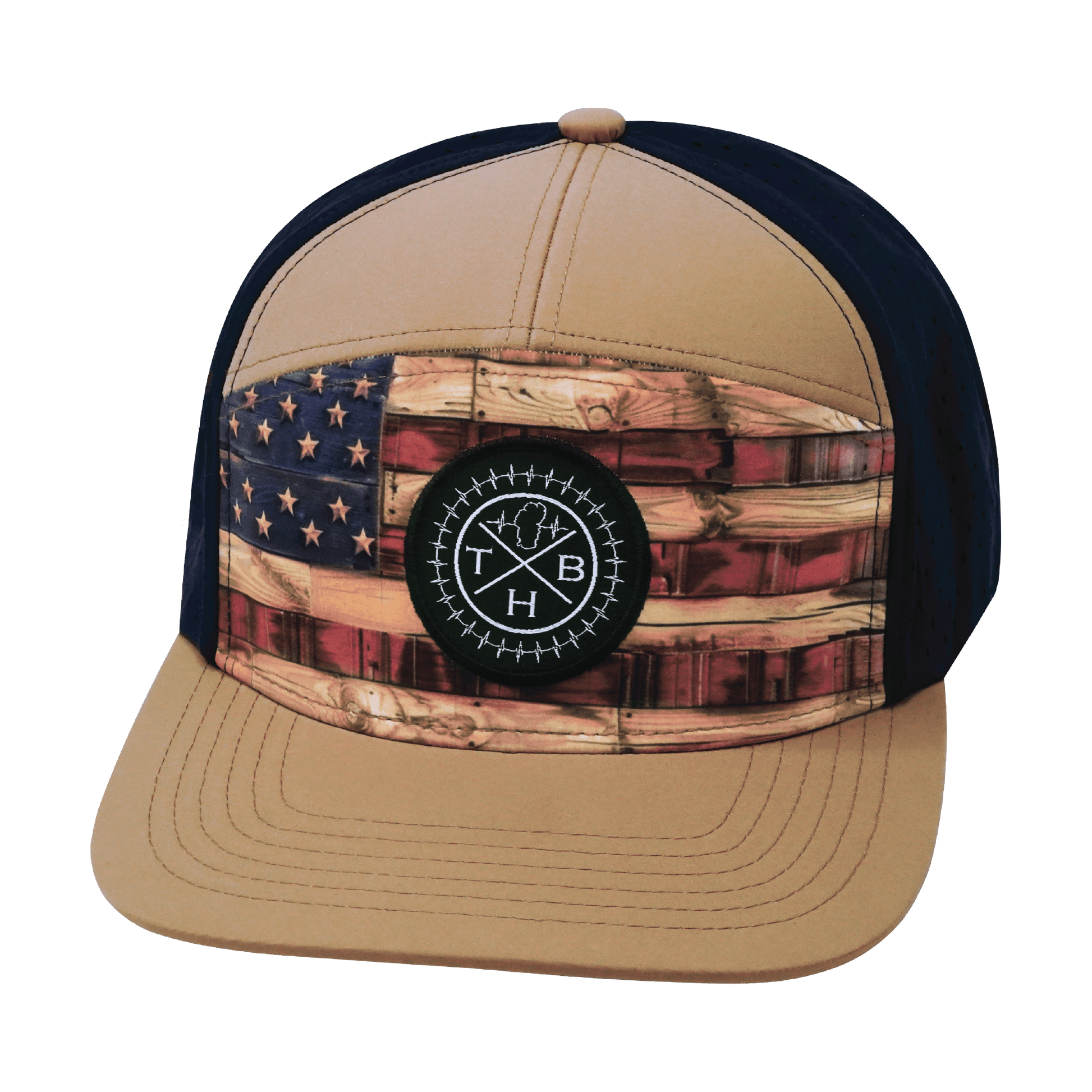 **YOUTH** Color Vibes Hat - Flat Bill - Stained Flag - Light Tan / Navy - Laser Mesh