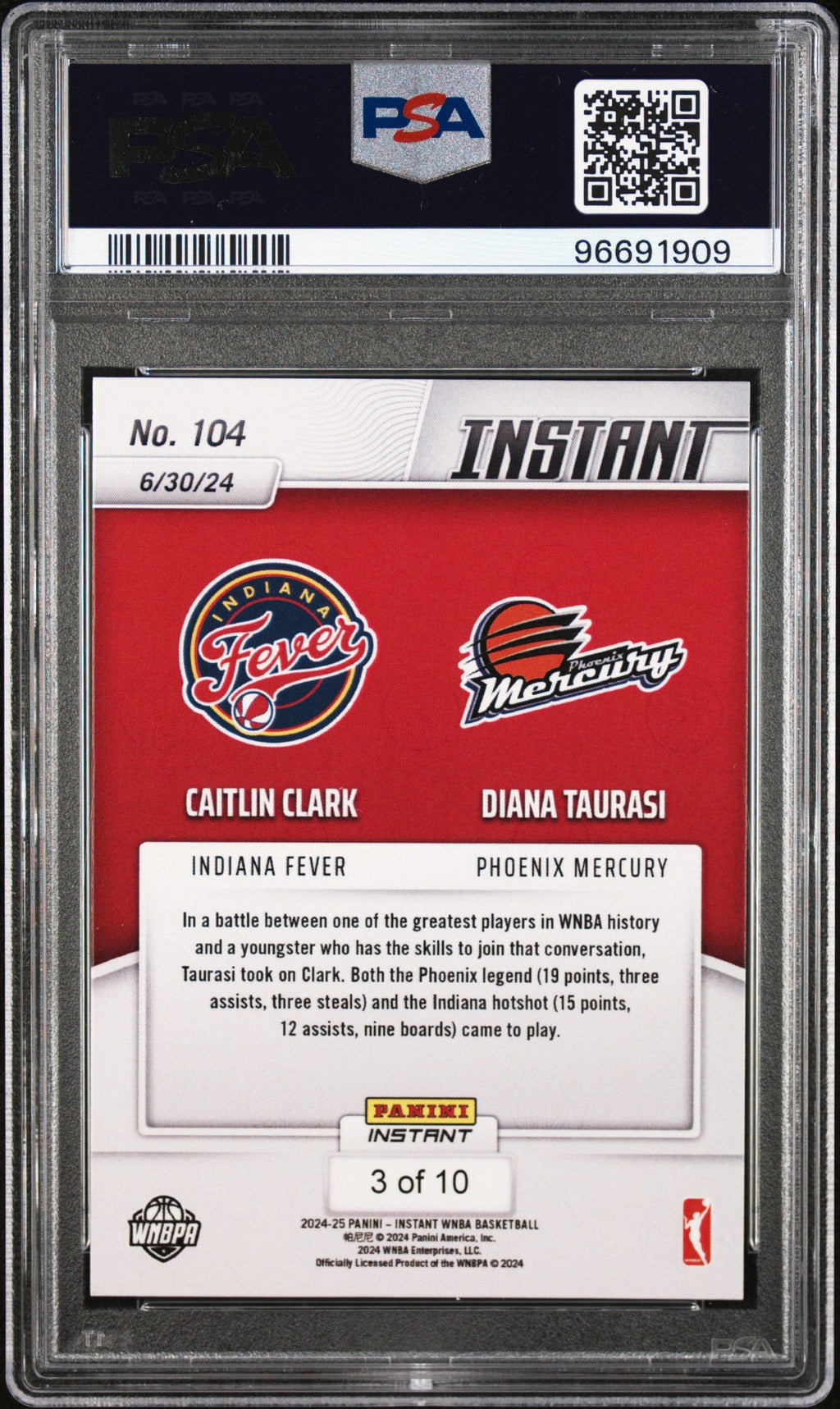 Graded 2024 Panini Instant WNBA Caitlin Clark/Diana Taurasi #104 Jaguar #/10 Basketball Card PSA 8 Near Mint